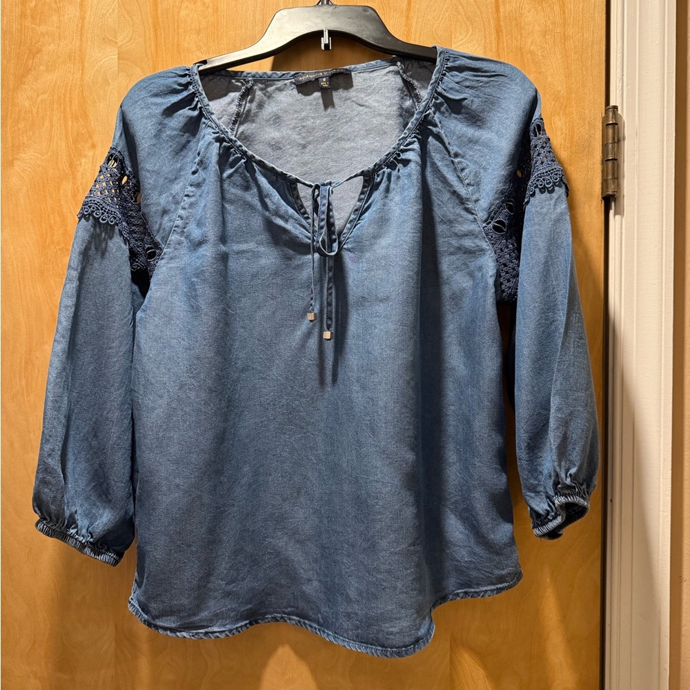 Women's Adrienne Vittadini Blue Denim Top with Lace Details